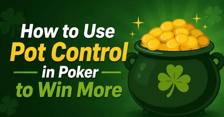 Green background with text "How to Use Pot Control in Poker to Win More" and an image of a pot filled with gold coins.