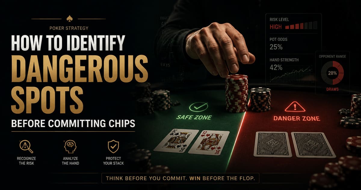 Poker strategy guide on identifying dangerous spots before committing chips, with visuals of a hand, chips, and risk indicators.