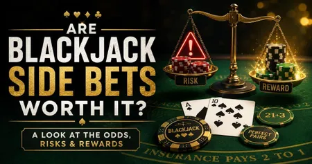 Text "Are Blackjack Side Bets Worth It?" with a scale showing "Risk" vs. "Reward," playing cards, and poker chips on a casino table.