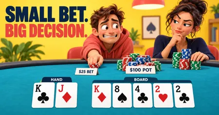 Two animated characters at a poker table with chips. Text reads "Small Bet. Big Decision." Cards and poker chips are visible.