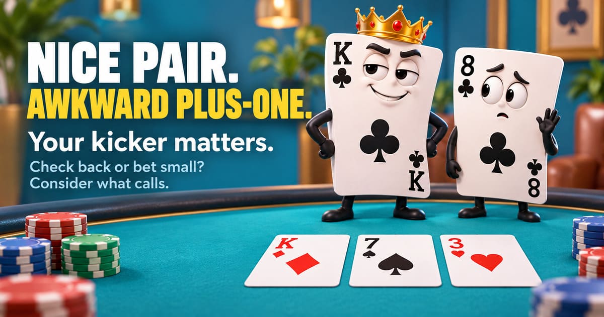 Animated King and Eight of Clubs cards stand by a poker table with chips and a King, 7, 3 flop. Text: "Nice Pair. Awkward Plus-One. Your kicker matters."
