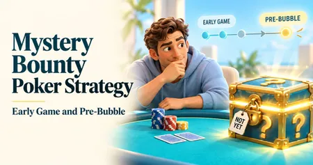 Man contemplating poker chips, with a mystery treasure chest nearby. Text reads "Mystery Bounty Poker Strategy: Early Game and Pre-Bubble."