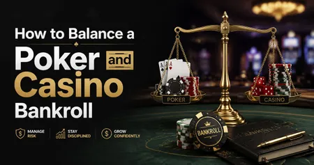 Golden scales balance poker chips, cards, and dice labeled "Poker" and "Casino" with text: "How to Balance a Poker and Casino Bankroll."