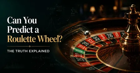Close-up of a spinning roulette wheel with a ball, accompanied by text asking if you can predict a roulette wheel, and mathematical equations.