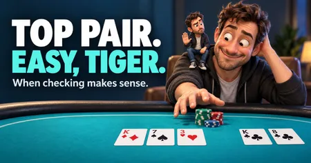 Animated man at poker table with chips, cards showing King of Clubs and Diamonds, Seven of Spades, Three of Hearts, and Eight of Clubs. Text reads "TOP PAIR."