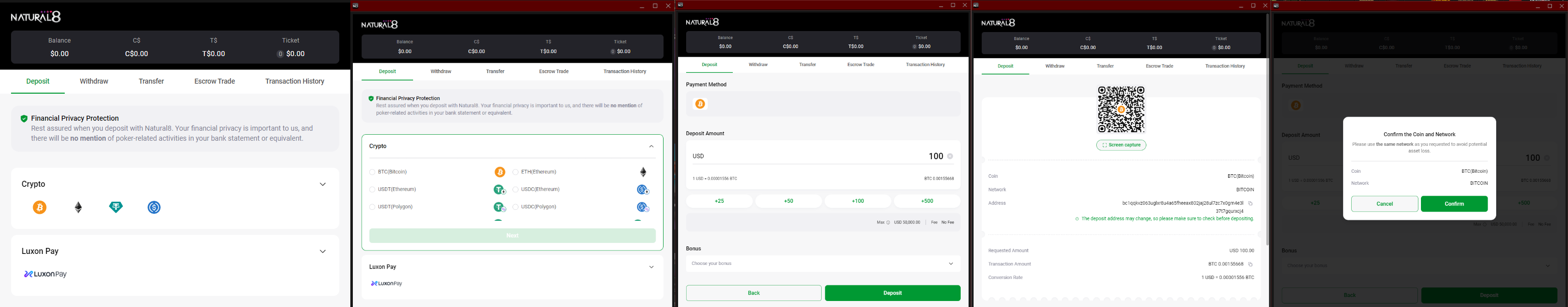 A series of screenshots detailing the deposit process on Natural8