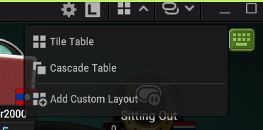 Natural8 interface showing options: Tile Table, Cascade Table, and Add Custom Layout, with an icon indicating keyboard at the top.