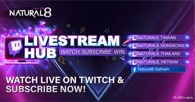 Promotional banner for Natural8 Livestream Hub, featuring Twitch logo, social media handles, and text: "Watch, subscribe, win. Watch live on Twitch & subscribe now!"