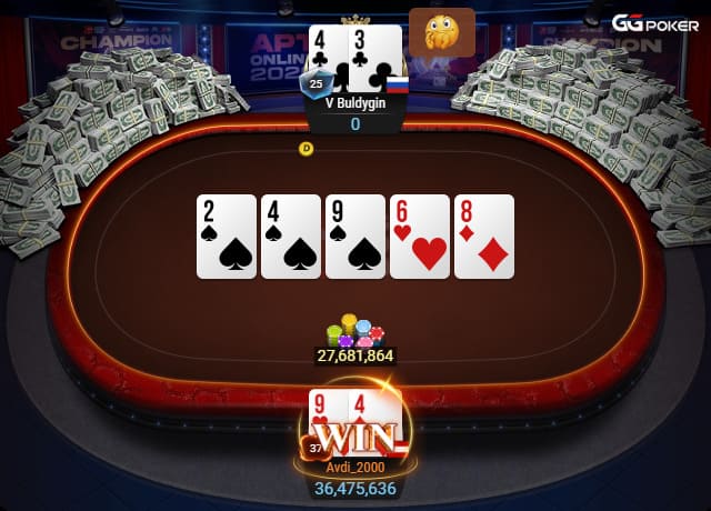 A poker game showing a winning hand with cards 9 and 4, and a total pot of 27,681,864 chips.