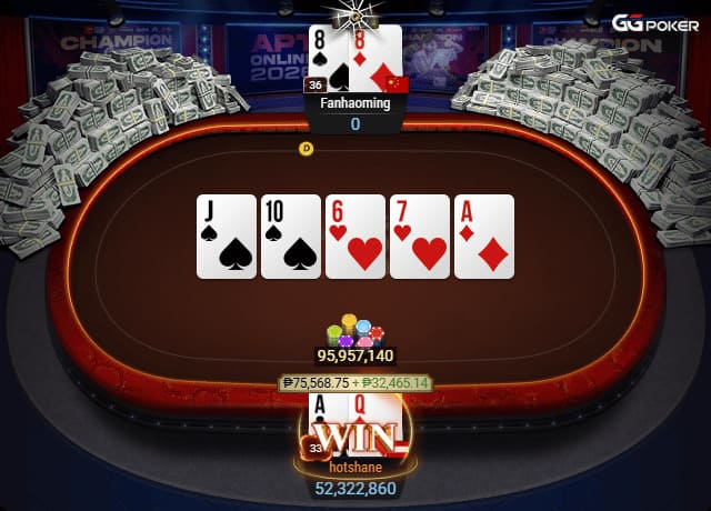 Poker game table showing a winning hand of Ace of spades and Queen of diamonds with a pot of over 95 million chips.