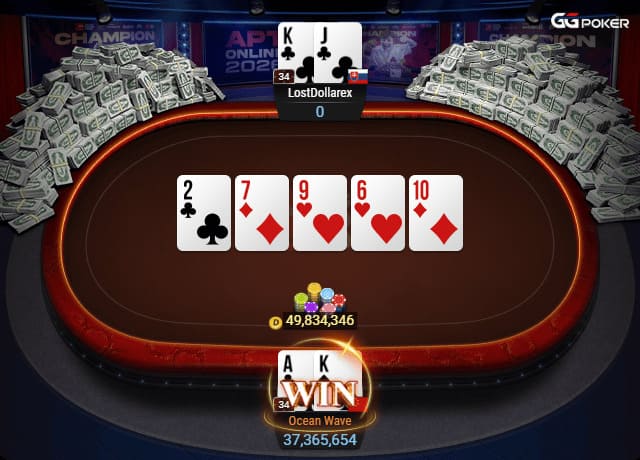 Online poker table with cards showing 2 of clubs, 7, 9, and 6 of hearts, 10 of diamonds. Player "Ocean Wave" wins with A-K against "LostDollarex" K-J.