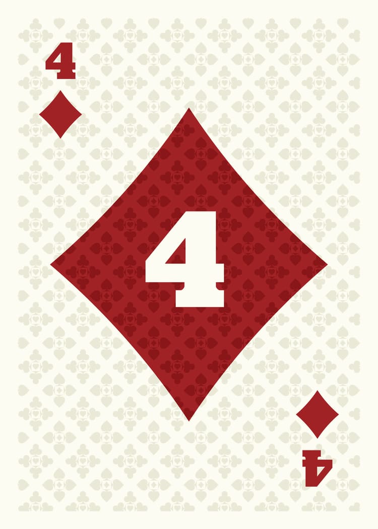 Playing card with a large red diamond and bold number 4 on a patterned background.