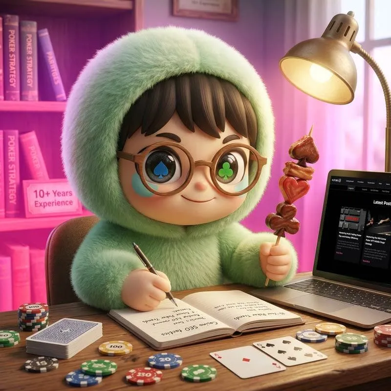 Cute Pokka in green hoodie, holding heart-shaped skewer, studies poker strategy at desk with laptop, cards, chips, and books.