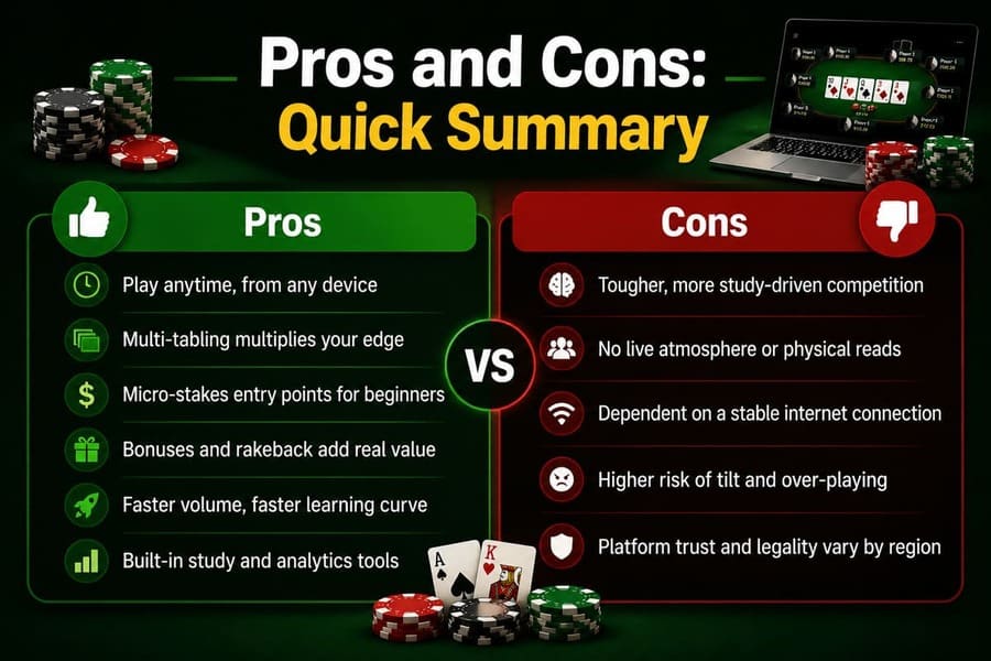 Pros and cons of online poker quick summary infographic — 6 advantages and 6 disadvantages compared side by side