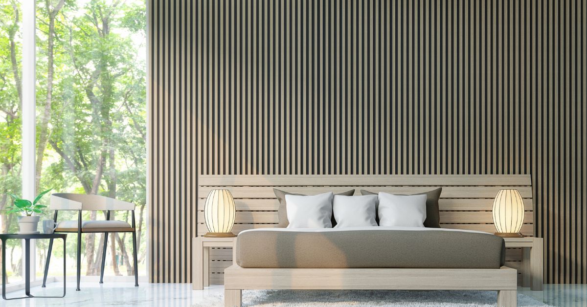 slatted cladding behind a bed