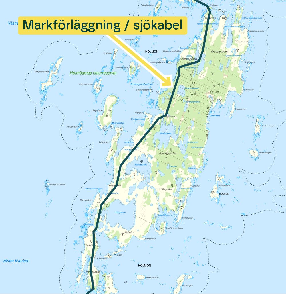 Karta över Holmöarna med markerad kabelsträckning.