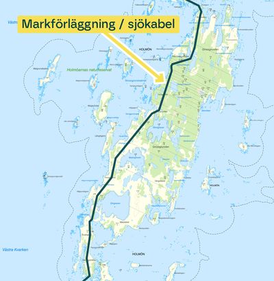 Karta över Holmöarna med markerad kabelsträckning.