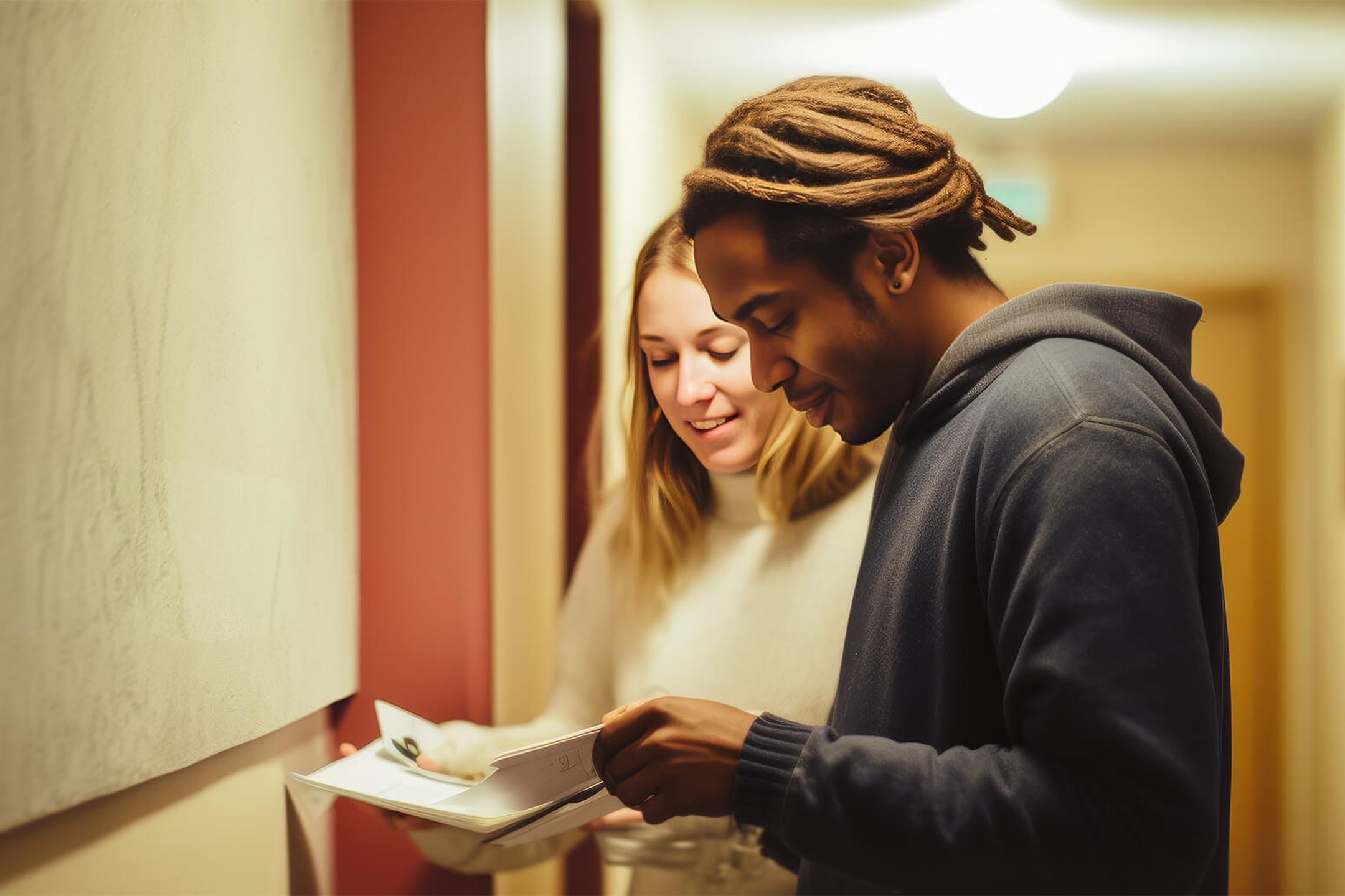 Ett ungt par tittar på ett brev i en korridor