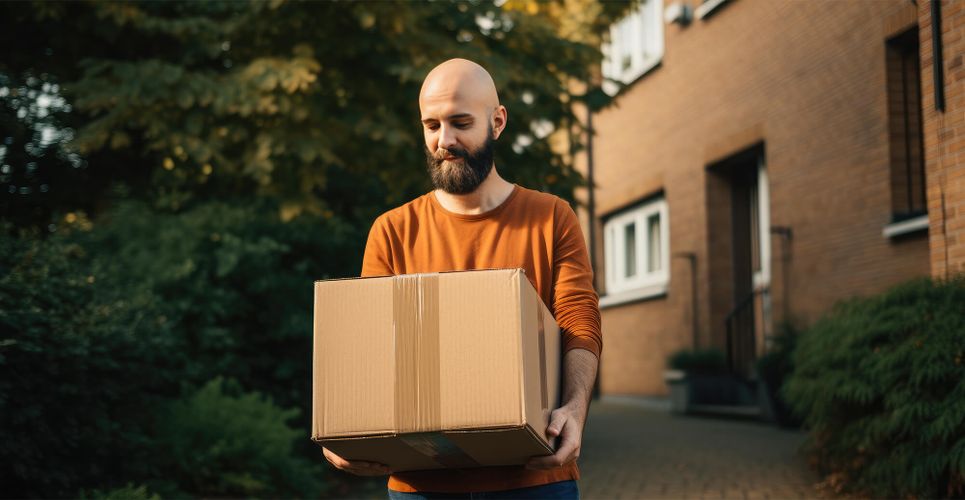 En person bär en flyttlåda utanför ett bostadshus