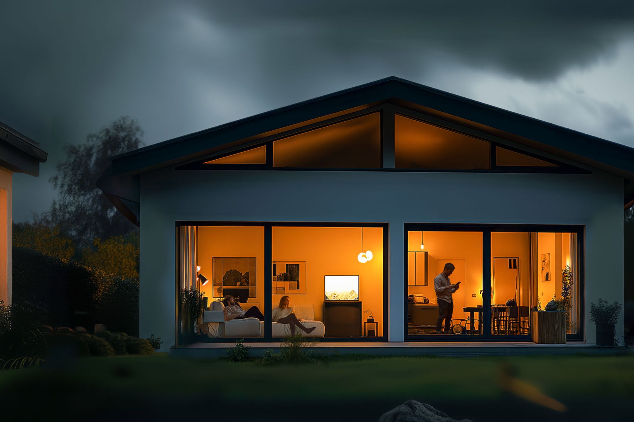 Ett mysigt hus med människor i, på kvällen