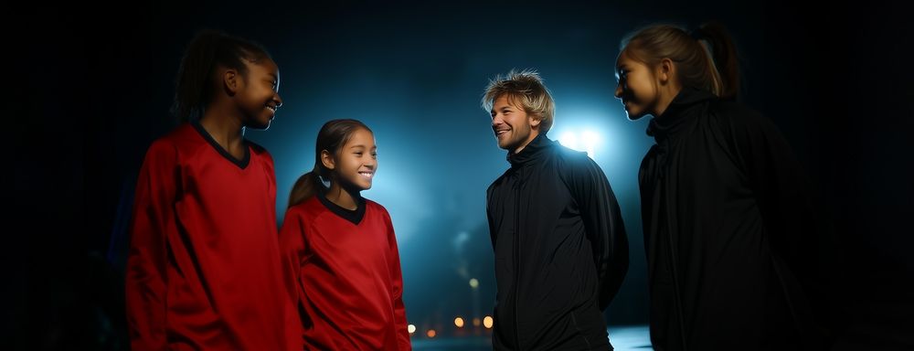 En tränare och tre unga spelare står tillsammans på en arena