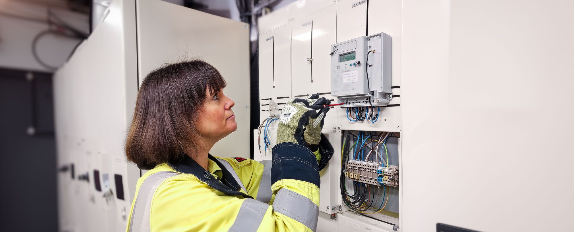 Person i varselkläder som skruvar i ett elskåp.