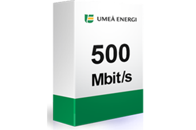 En bild på en förpackning i grönt, vitt och med Umeå Energis logo på. På förpackningen står det 500 Mbit/s