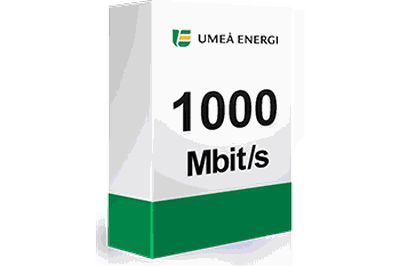 Bild på en box i vitt och grönt med Umeå Energis logo. På boxen står det i svart text: 1000 Mbit/s