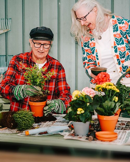 Två personer som arbetar med att plantera blommor.