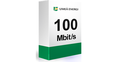 Box i vitt och grönt. På boxen syns Umeå Energis logga och en svart text där det står 100 Mbit/s