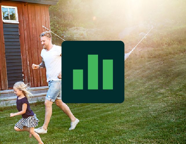 Barn och vuxen som springer med stapelsymbol.