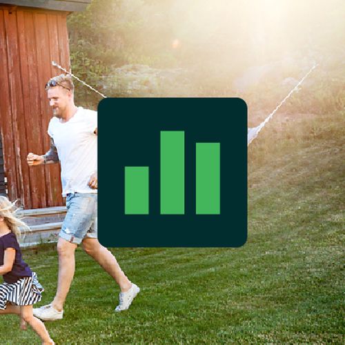 Barn och vuxen som springer med stapelsymbol.