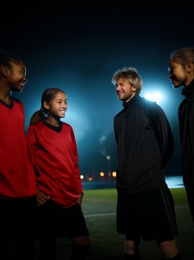 En tränare och tre unga spelare står tillsammans på en arena