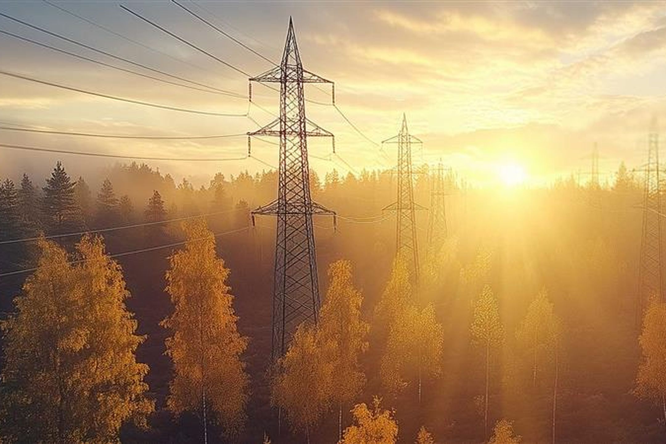 Vy över trädtoppar och elnätsledningar i solsken