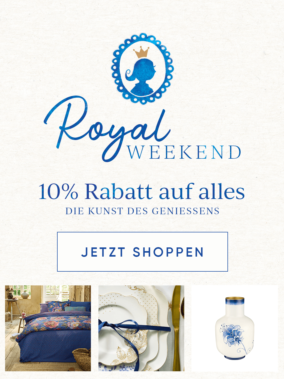Royal Weekend sale banner with 10% discount on all items