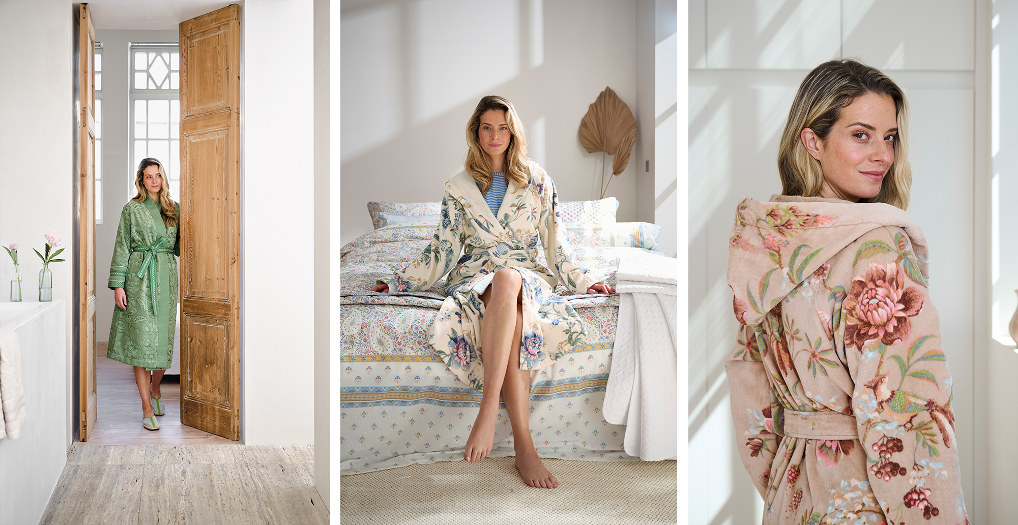 badjas bathrobe home spa flower print subtle colours beige sand white cream blue green