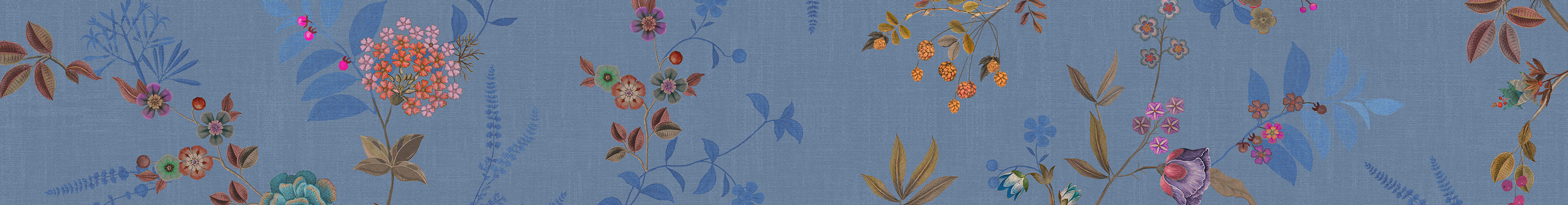 Blue background with various colorful flowers and leaves, including pink, orange, and red blooms, scattered across the fabric-like surface.