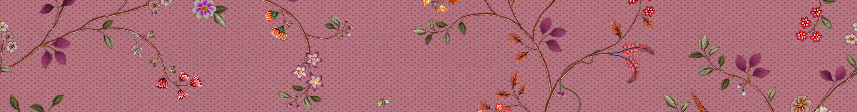 Intricate floral pattern with multicolored flowers, green leaves, and delicate branches on a textured pink background.