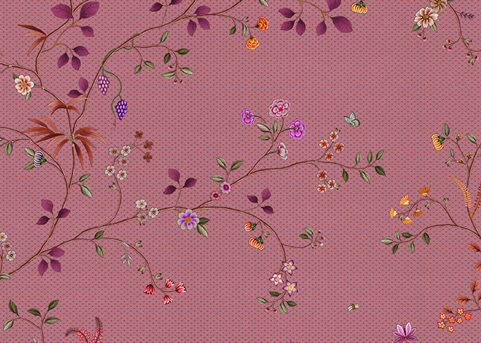 Floral pattern with colorful flowers and leaves on pink background, featuring butterflies and woven texture.