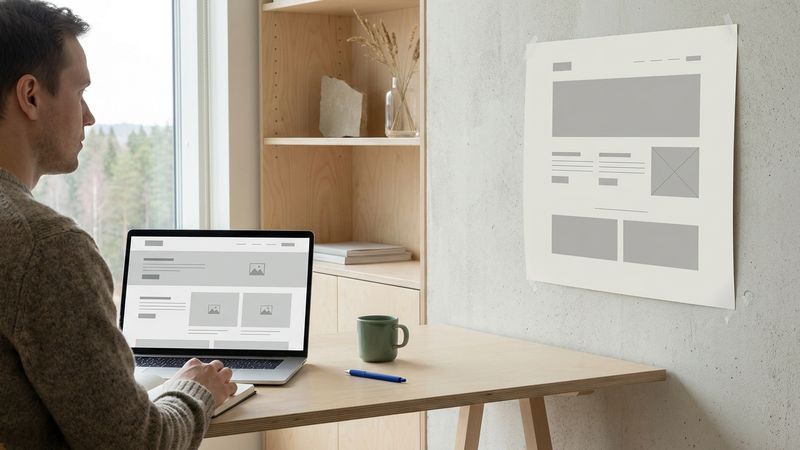 Webdesigner vergelijkt een websitelayout op laptop met een wireframe aan de muur