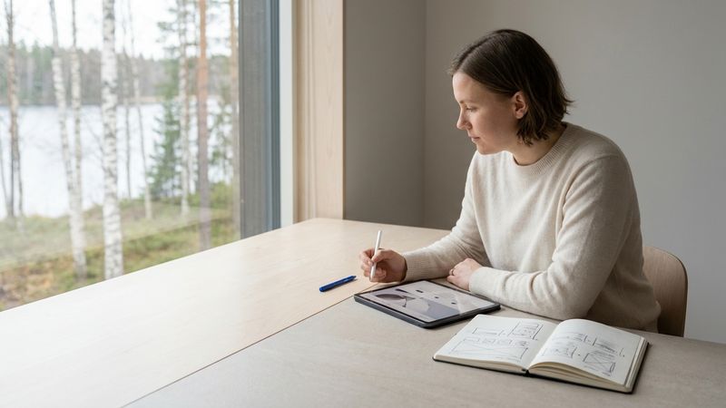 Ondernemer bekijkt een AI-websiteconcept op een tablet naast papieren schetsen