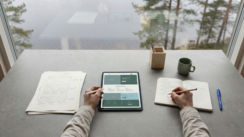 Designer vertaalt ontwerpframes naar een websiteplan op papier en tablet