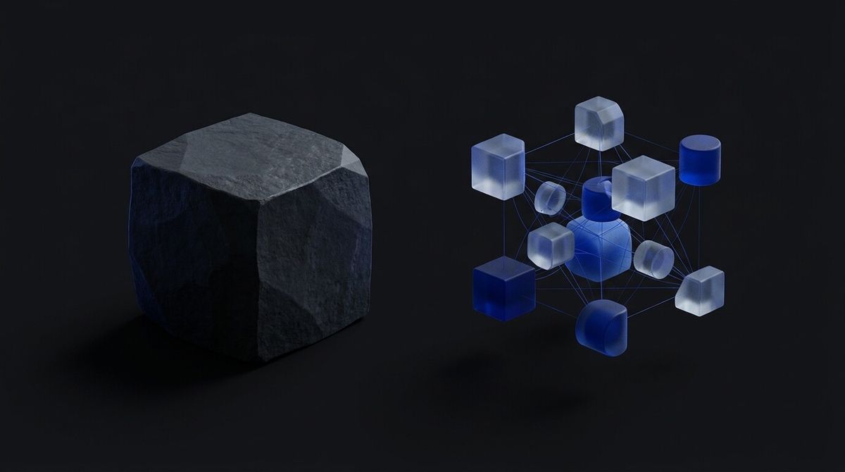 Twee abstracte sculpturen op een donkere achtergrond: links één massief monolithisch blok van donker steen, rechts een netwerk van kleine matglazen en cobaltblauwe modules verbonden door fijne lichtende lijnen — klassiek CMS versus headless CMS