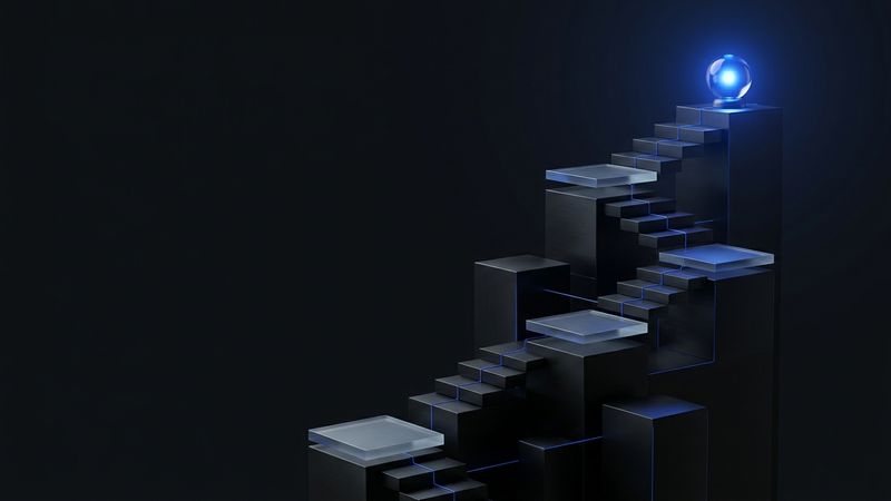 Abstracte donkere editorial illustratie bij hoger in Google komen: sculpturale trap van mat-zwarte blokken die stijgt naar een helder cobaltblauw lichtpunt, als metafoor voor stapsgewijs hoger ranken.