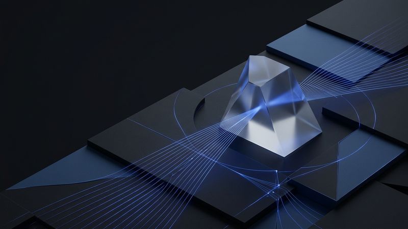 Abstracte donkere editorial illustratie bij SEO analyse: sculpturale glazen prisma dat licht ontleedt in fijne cobaltblauwe meetlijnen, als metafoor voor het analyseren van zoekprestaties.