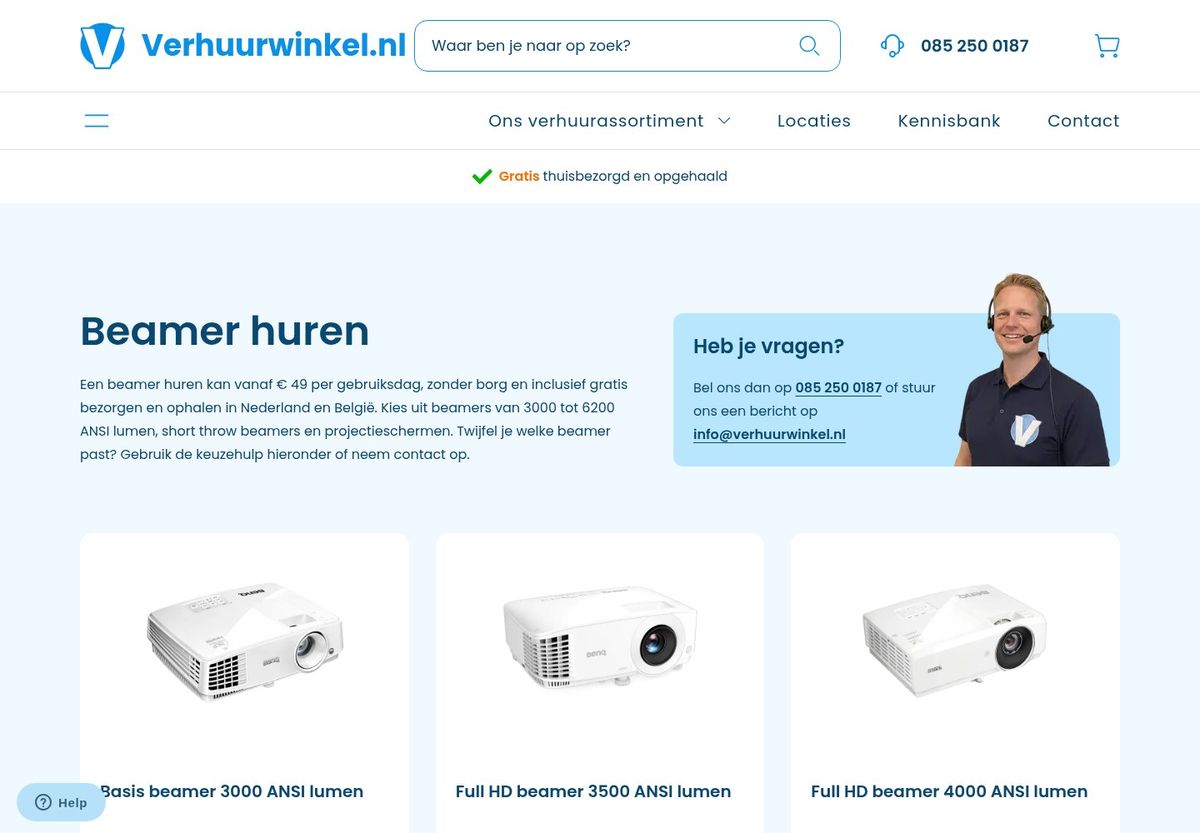 Screenshot van de beamer categoriepagina met productkaarten op Verhuurwinkel.nl