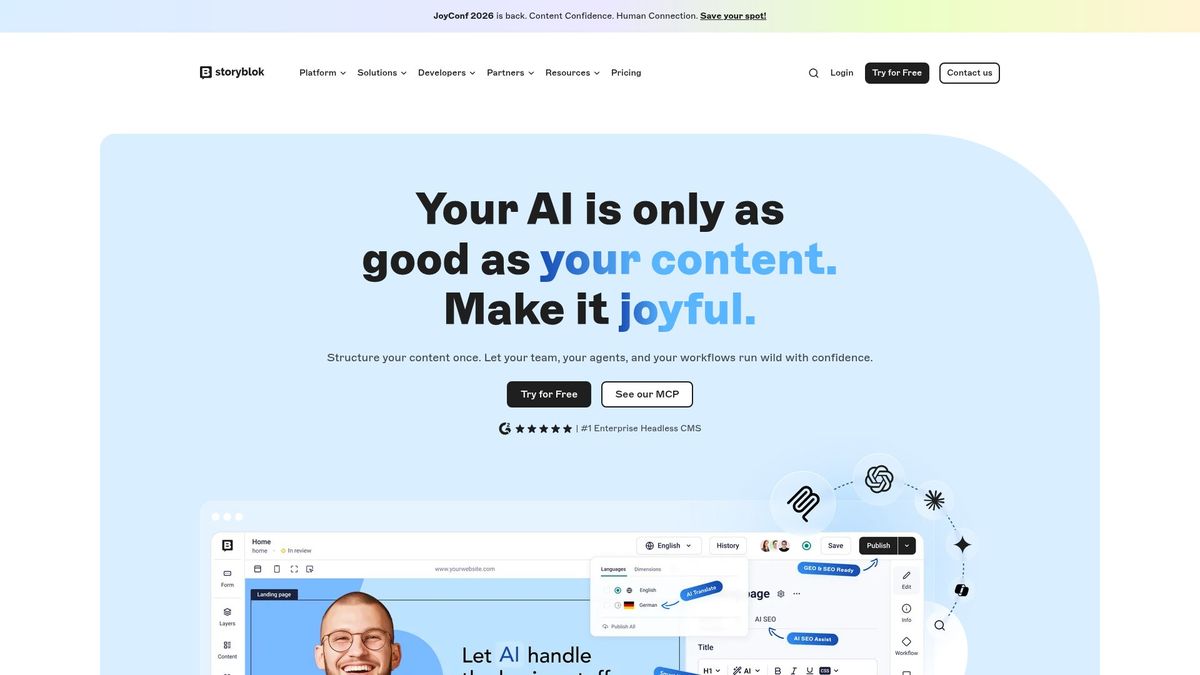 Screenshot van Storyblok als headless CMS met visual editor en AI-tools