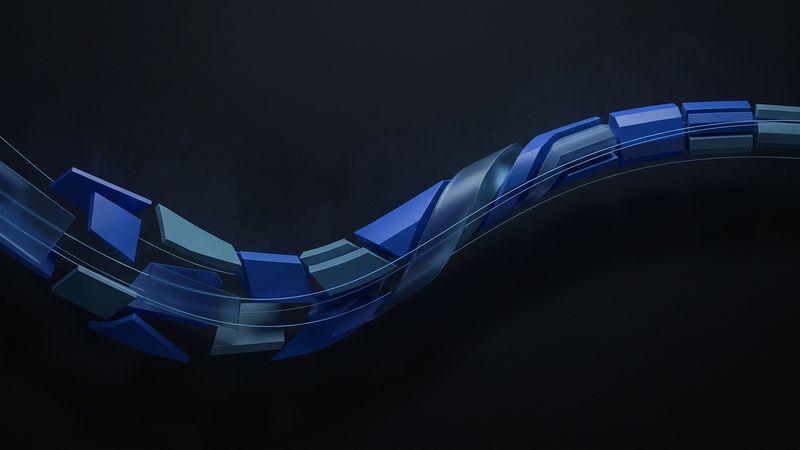 Abstracte donkere editorial illustratie bij website-laadtijd: een gestroomlijnde cobaltblauwe sculpturale vorm met fijnlijnen die compressie, caching en een versnelde paginalading visualiseren.