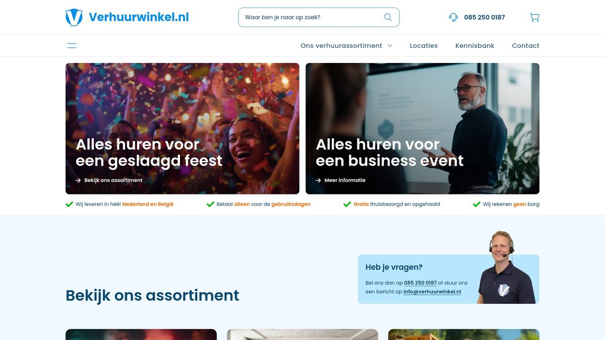 Screenshot van Verhuurwinkel.nl, een webshop- en verhuurplatform gebouwd door Straffe Sites