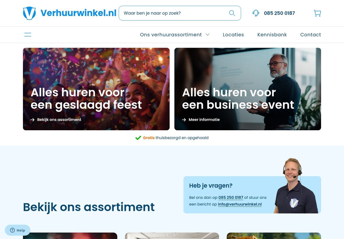 Screenshot van de homepage en het assortiment van Verhuurwinkel.nl